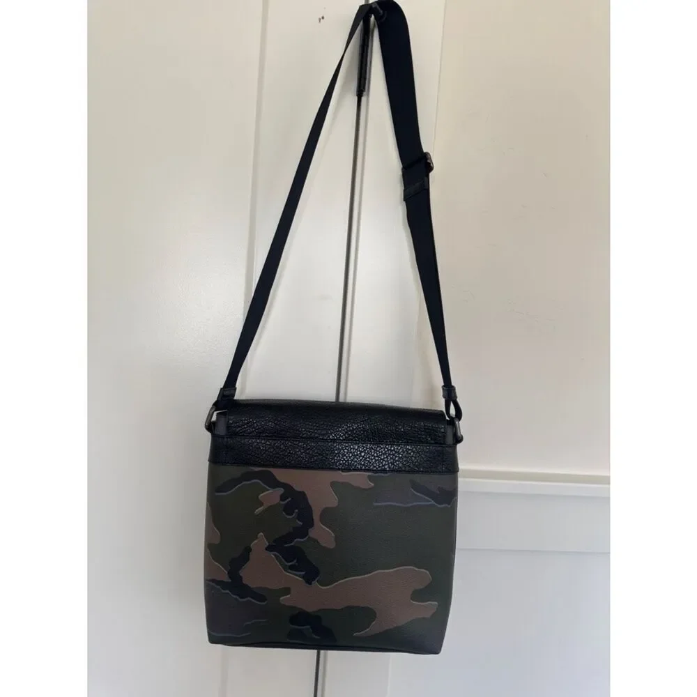 Coach Men's Black & Camouflage PVC Leather Crossbody Messenger Bag Flap Closure